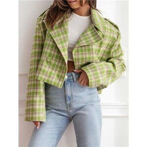 Plaid Lapel Collar Cropped Outerwear
